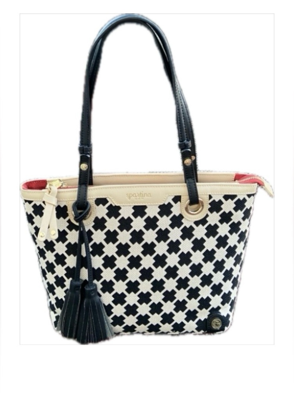 Spartina 449 Black & Cream Patterned Tote with Tassel Accent